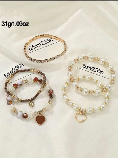 Handmade Pearl Beaded Bohemian Heart Bracelet Set, Versatile Layered Bangle Wristband Suitable For Women Daily, Party Wear, Gift For Friends And Family image 2