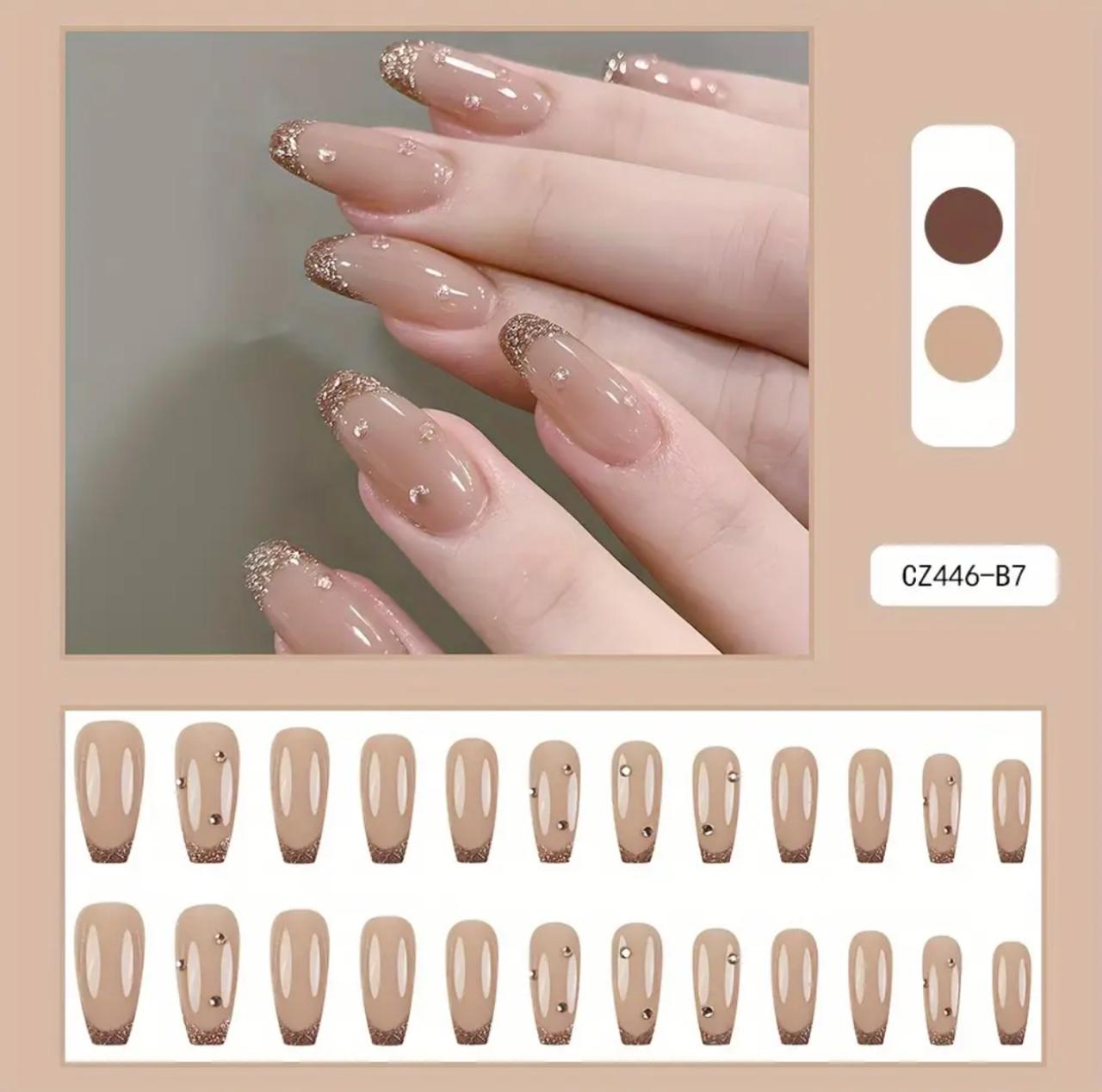 24pcs Glossy Medium-Length Ballet Press-On Nails with Pink Flower Glitter Powder & Rhinestones image 5