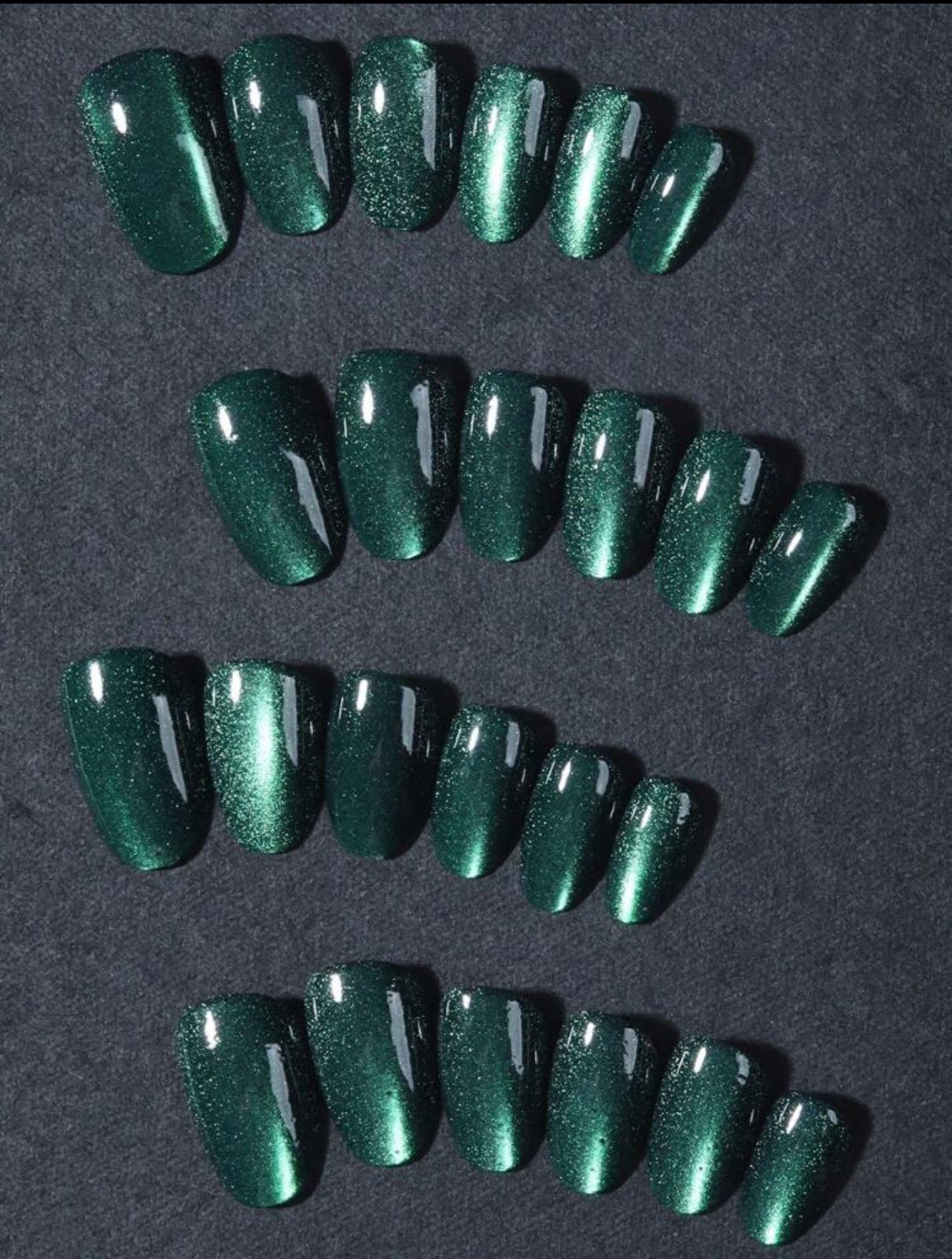 Y2K Short Oval Green Crystal Cat Eye Tip Press On Nails image 3