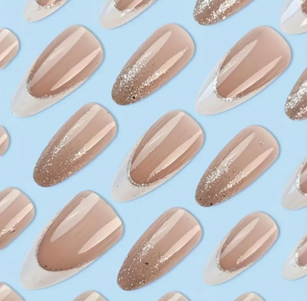 24pcs Medium Almond Press-On Nails, Glossy Pink French Style with Gradient Glitter image 3