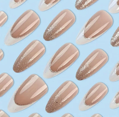 24pcs Medium Almond Press-On Nails, Glossy Pink French Style with Gradient Glitter image 3