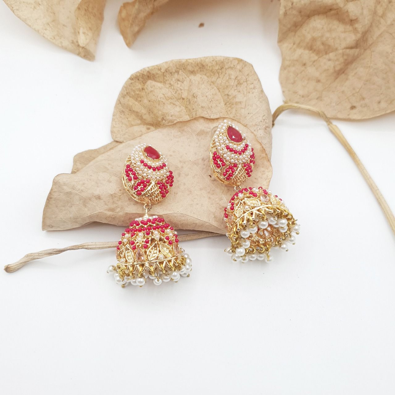 Discover timeless elegance with our Regal Pearldrop Jhumka Collection - Pink image