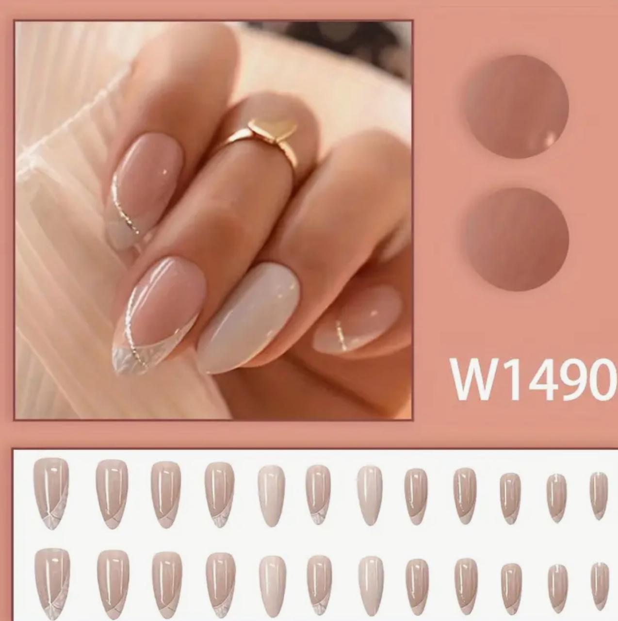 Chic Almond-Shaped, Golden Glitter Accents, Medium Length, French Manicure Style, Easy to Apply & Remove Press-On Nails, Perfect for Casual Attire or Special Occasions. image 4