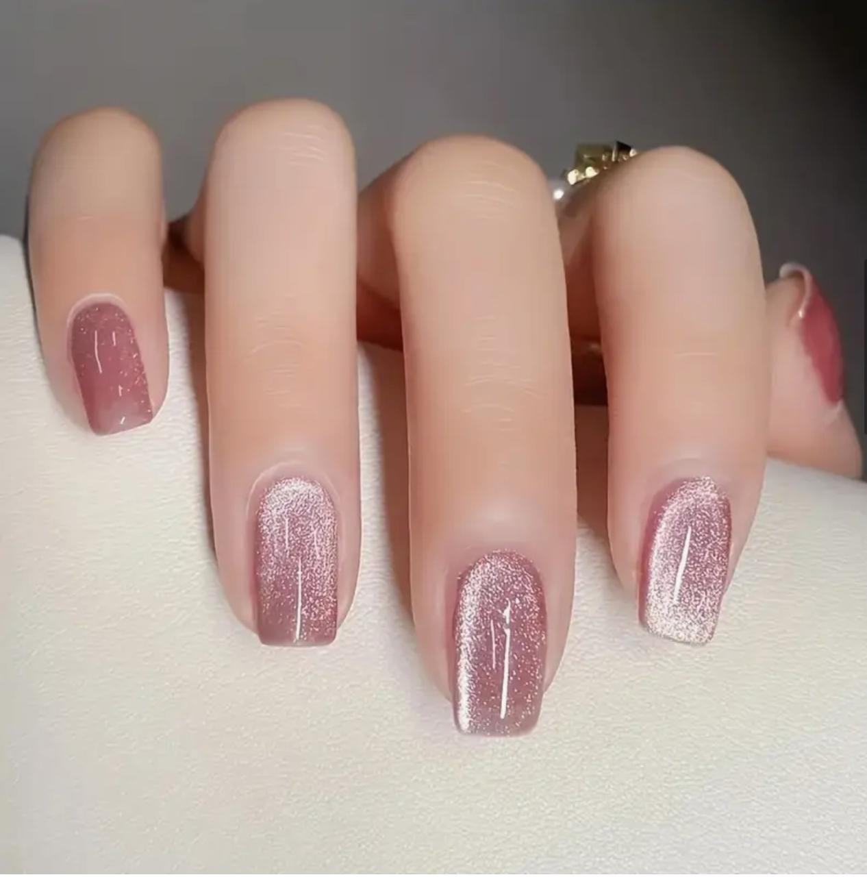 24Pcs Glitter Press On Medium Square Glitter Pinkish Cat Eye With Design Glossy Fake Nails image 3