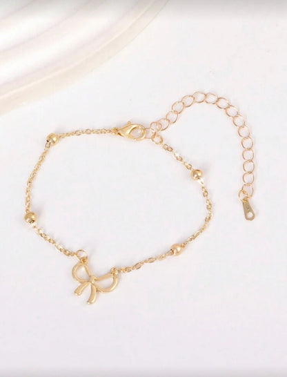 Gold-Tone Stainless Steel Beaded Bow Link Chain Bracelet image 3
