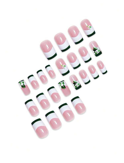 24pcs Ballet Shaped Green Clover Rhinestone Glamorous False Nails image 2