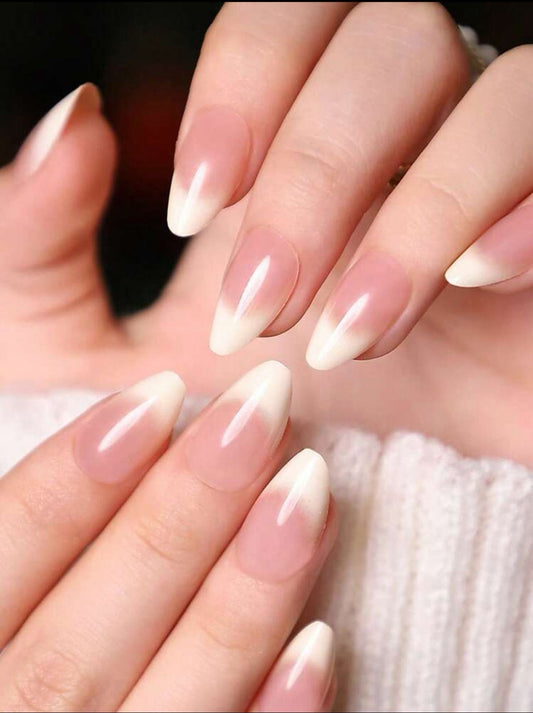 Short Almond Shape French Nail Art Tips With Gradient Nude & Milky White Colors image 0