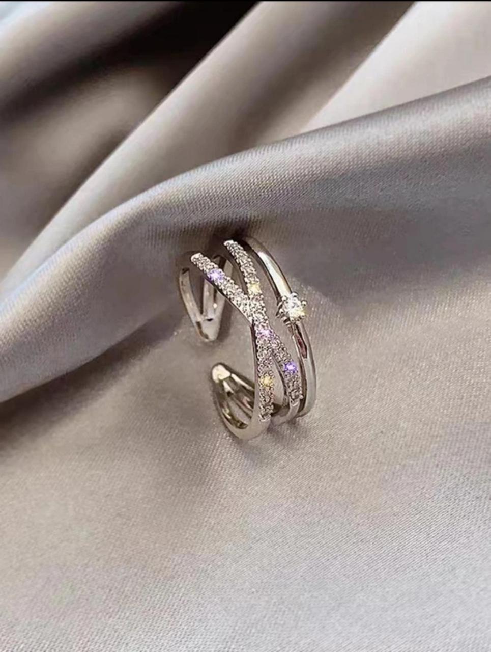 COPPER MICRO-INLAID CUBIC ZIRCONIA OPEN ADJUSTABLE RING - Shiny Silver image