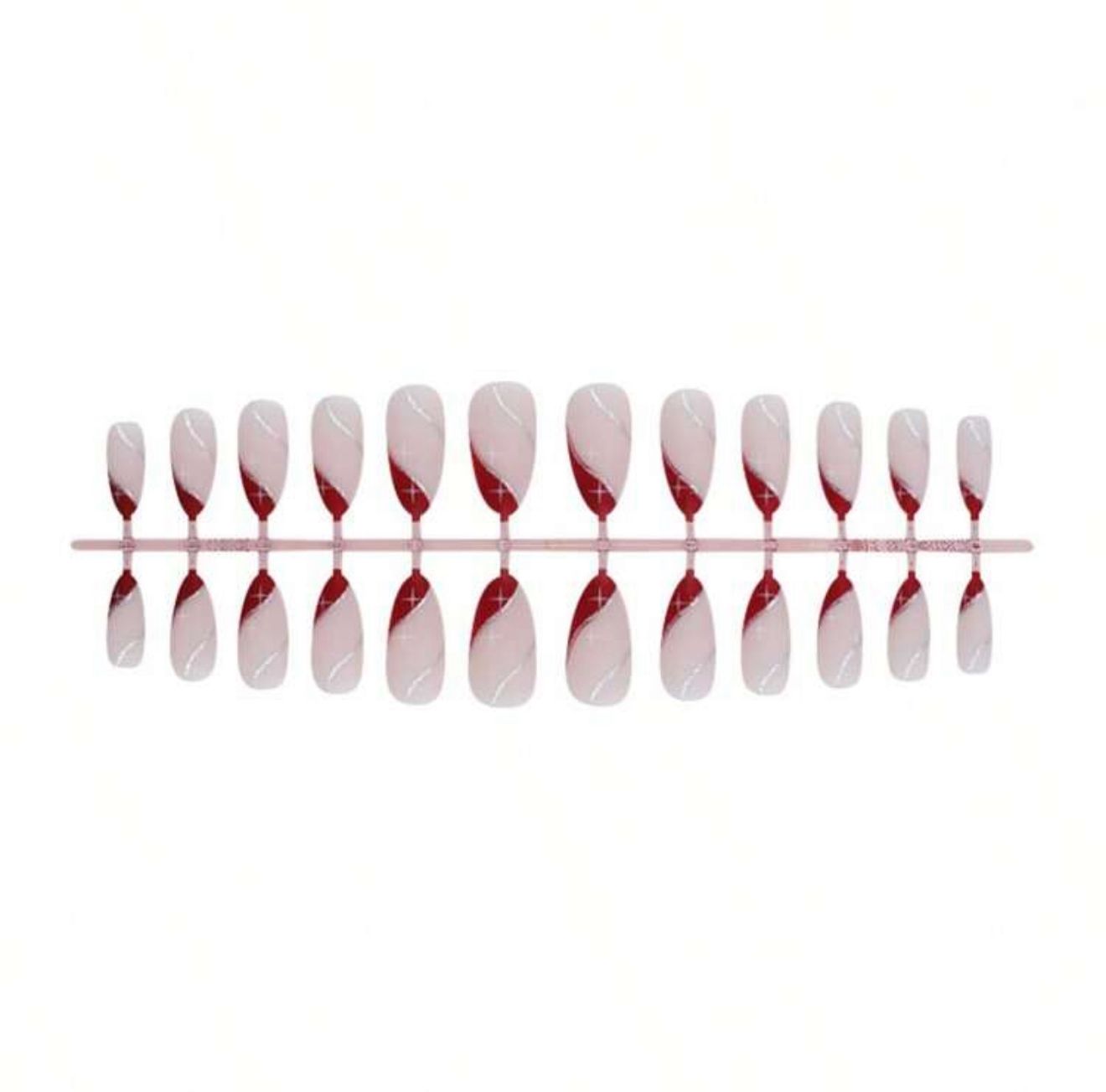 Medium Almond Minimalist Red French Glossy Full Cover  Press On Nails with Silver Glitter Lines And White Star image 4