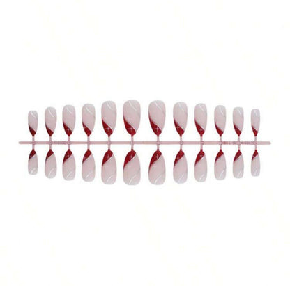 Medium Almond Minimalist Red French Glossy Full Cover  Press On Nails with Silver Glitter Lines And White Star image 4