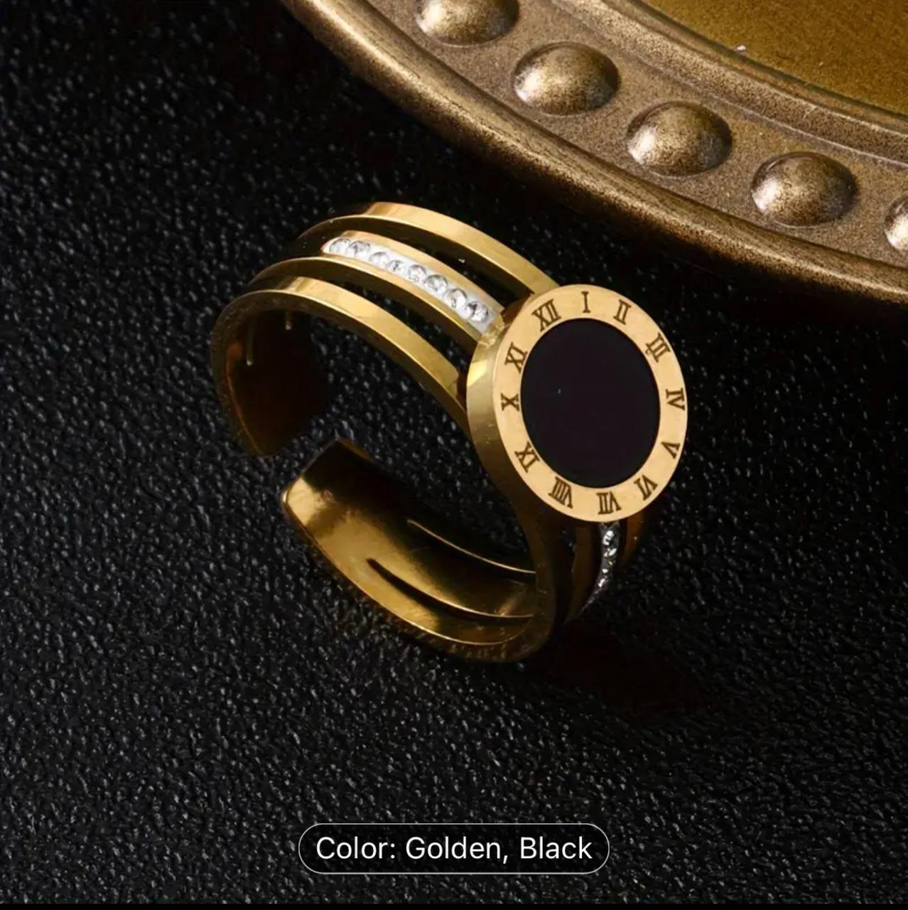 Elegant Stainless Steel Statement Ring with Black Centerpiece and Crystal Embellishments - (Adjustable) image 1