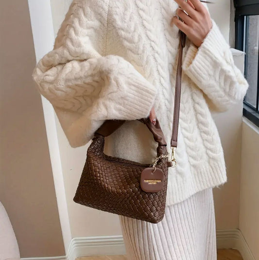 Woven Pattern Handbag For Women, Stylish Mini Crossbody Bag, Simple Ruched Hobo Bag & Purse image 1