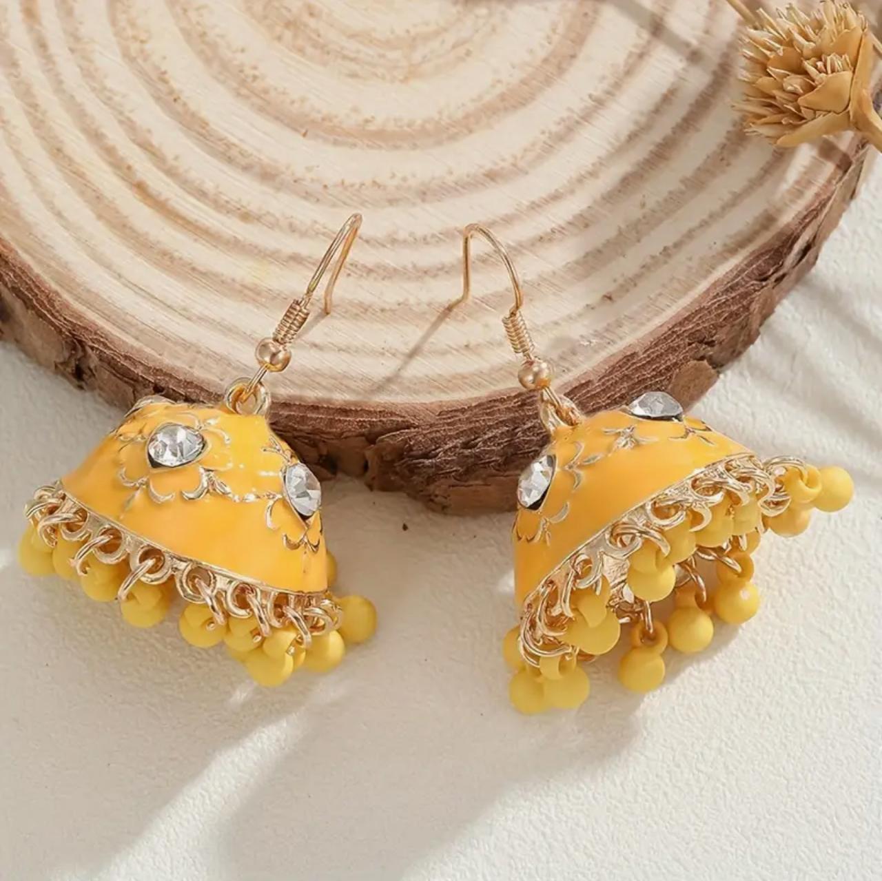 Luxury Jhumka Style Bell Tassel with Synthetic Cubic Zirconia, Boho Indian-Inspired Fashion Dangle Jhumka - Yellow image