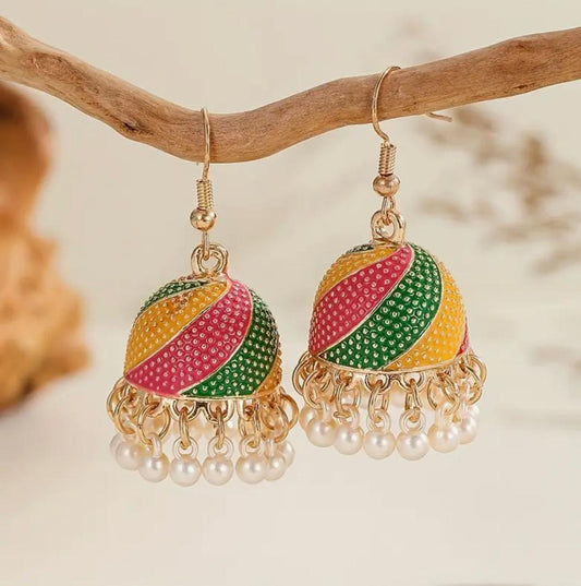 Rainbow jhumka dangles with gold accents and pearl tassels, vibrant zinc alloy charm for any look image 0