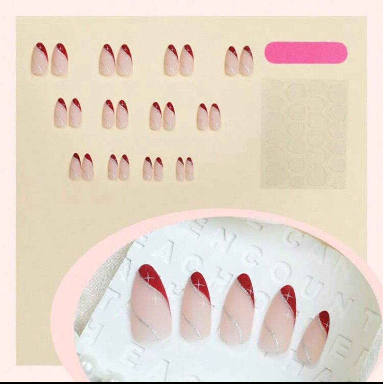 Medium Almond Minimalist Red French Glossy Full Cover  Press On Nails with Silver Glitter Lines And White Star image 1