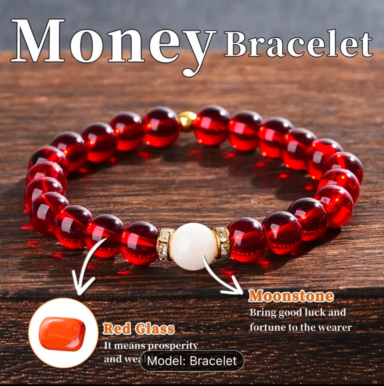 Vintage Elegant Money Attracting Bracelet, Red Glass & Moonstone Beaded Stretch Rope image 5