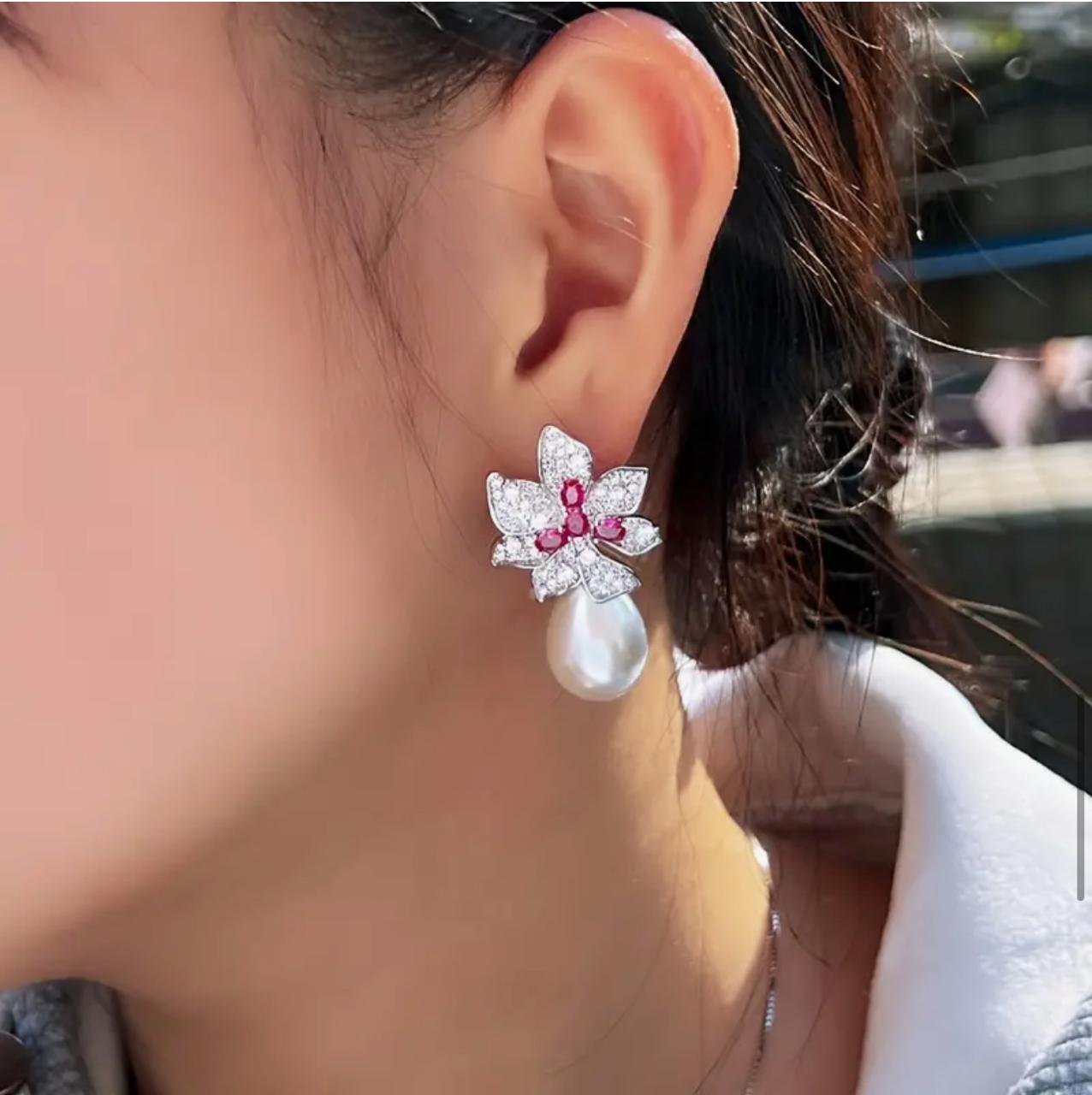 Sparkly Rose Red Zirconia Big Flower Artificial Pearl Drop Earrings image 3