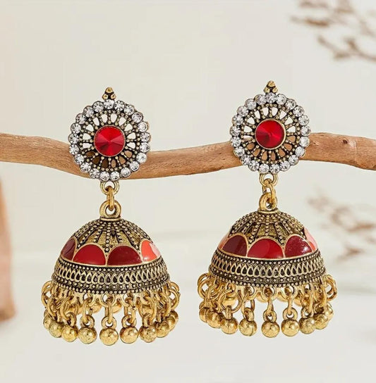 Bollywood-Style Jhumka, Golden-Plated Zinc Alloy with Rhinestone Embellishments, Multi-Color Beaded Tassels & Floral Design. image 0