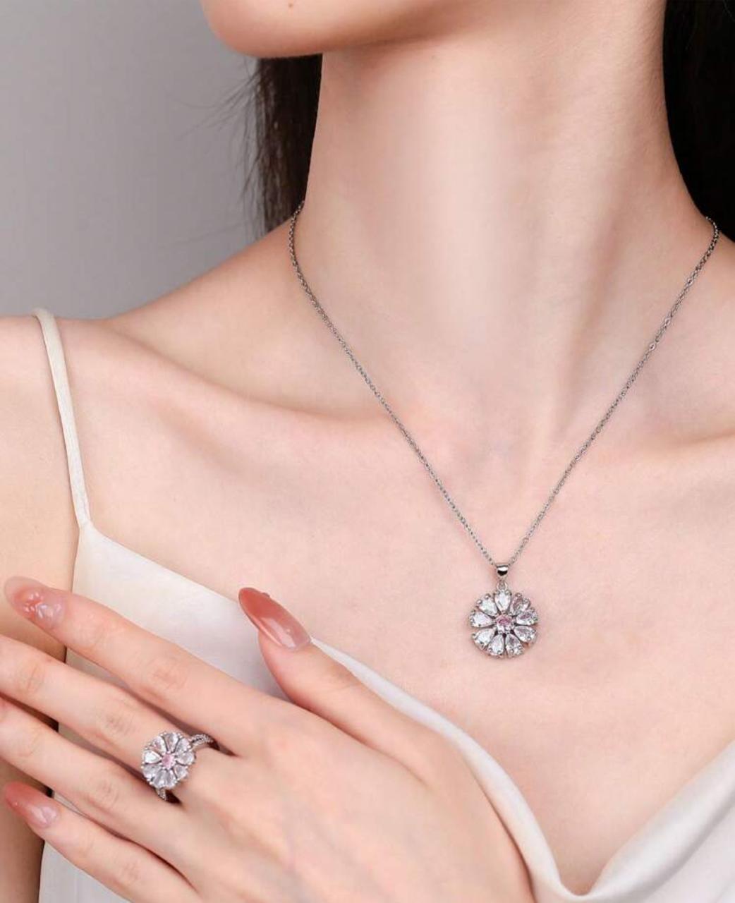 Pink Cubic Zirconia Flower Design Necklace Set image 2