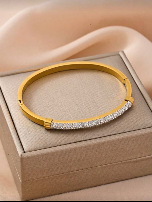 Golden Mud Stone Stainless Steel Bracelet with Sparkling Crystals image 1
