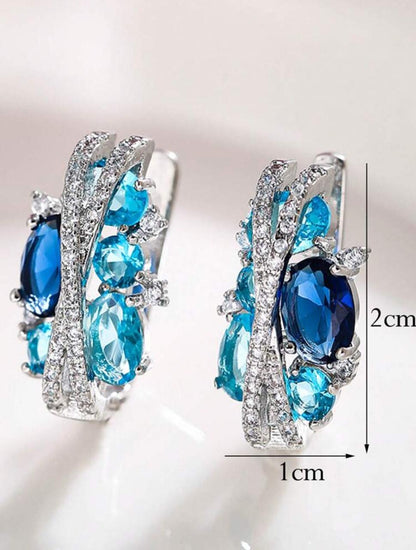 GORGEOUS BLUE WHITE CUBIC ZIRCONIA PAVED ELEGANT TRENDY ROUND D?COR EARRINGS image 3