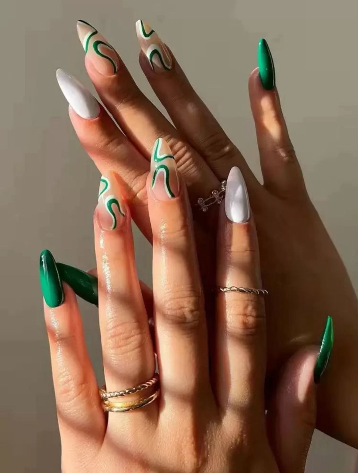 24pcs Y2K Style Long Almond Fake Nail, White & Green Color Cute Stripe, Light Weight & Fit Perfectly image 0