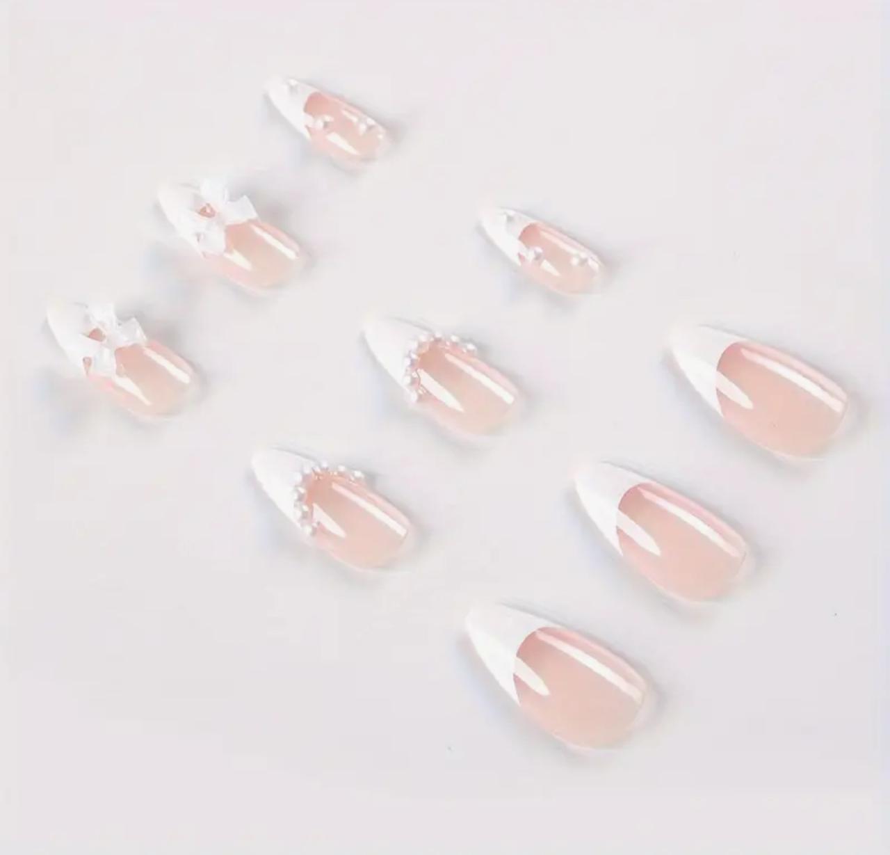 Double-Tone Nail Decals with Pearl and White Bow Details - Perfect for Women's Everyday and Festive Occasions image 2