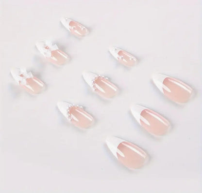 Double-Tone Nail Decals with Pearl and White Bow Details - Perfect for Women's Everyday and Festive Occasions image 2