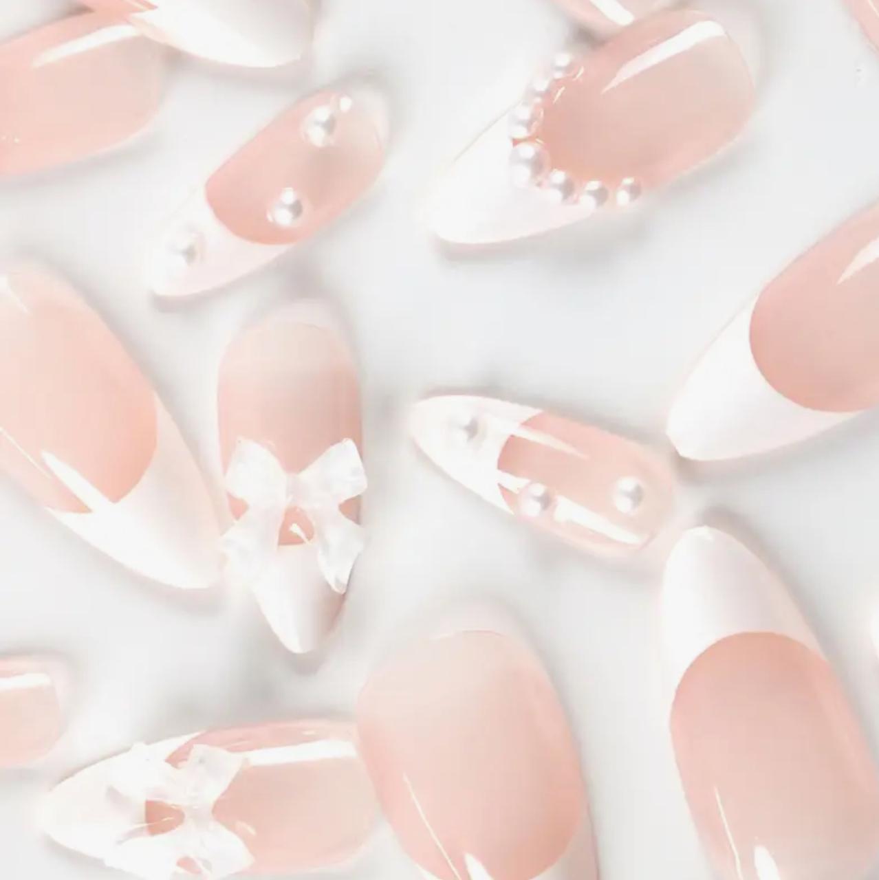 Double-Tone Nail Decals with Pearl and White Bow Details - Perfect for Women's Everyday and Festive Occasions image 3