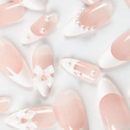 Double-Tone Nail Decals with Pearl and White Bow Details - Perfect for Women's Everyday and Festive Occasions image 3