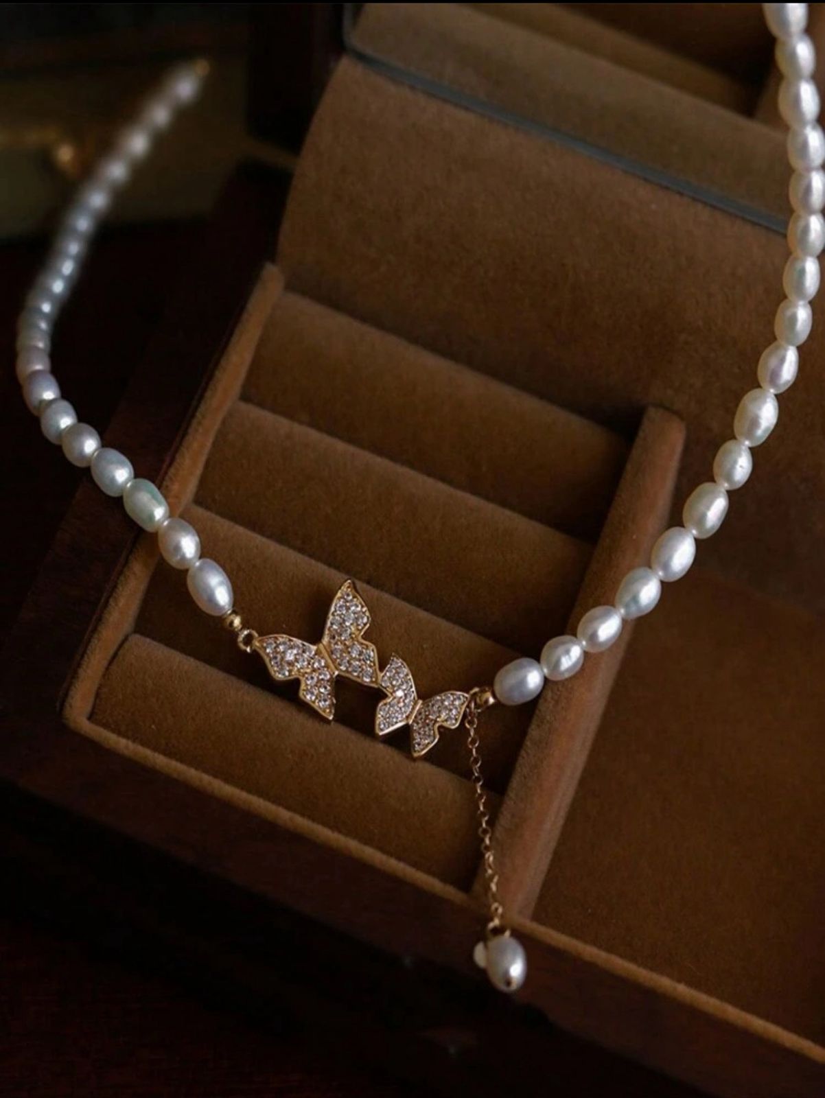 Gold Plated Water Drop & Rhinestone Faux Pearl Butterfly Pendant Necklace image 1