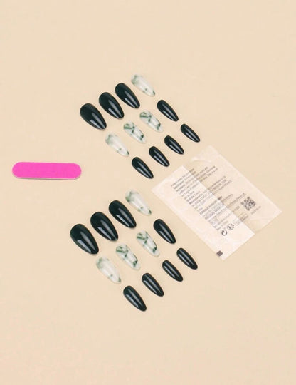 24 PCS Short Almond Shaped Green And White Color Block European Style Fingernail Set image 6