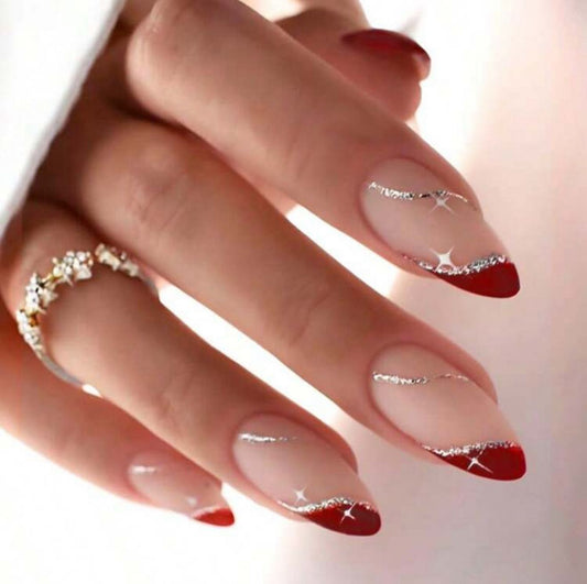 Medium Almond Minimalist Red French Glossy Full Cover  Press On Nails with Silver Glitter Lines And White Star image 0