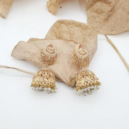 Discover timeless elegance with our Regal Pearldrop Jhumka Collection - SHAMPAGNE image