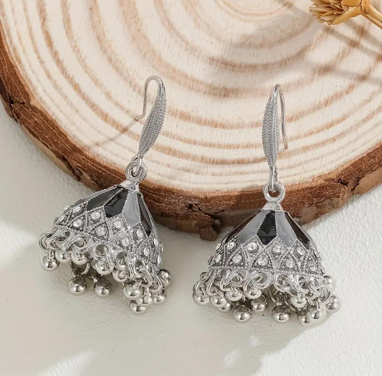 Elegant bohemian-style silver-toned dangles adorned with sparkling inlaid rhinestones image 1