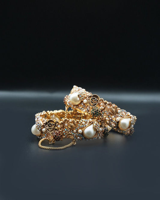 Experience timeless elegance with our Regal Openable Multicolour Pearldrop Kara Set image 0