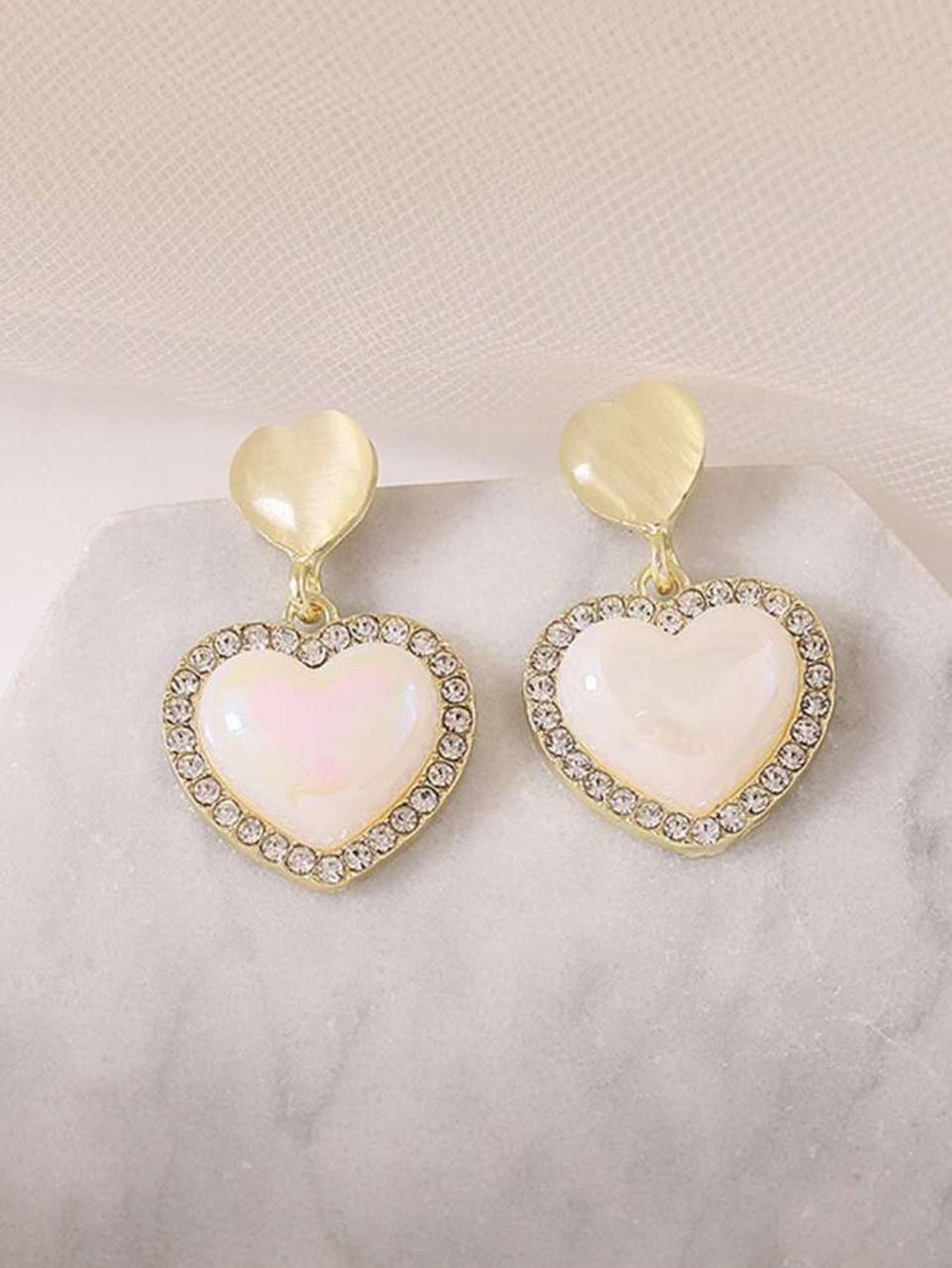 Faux Pearl Heart Drop Rhinestone Earrings image 1