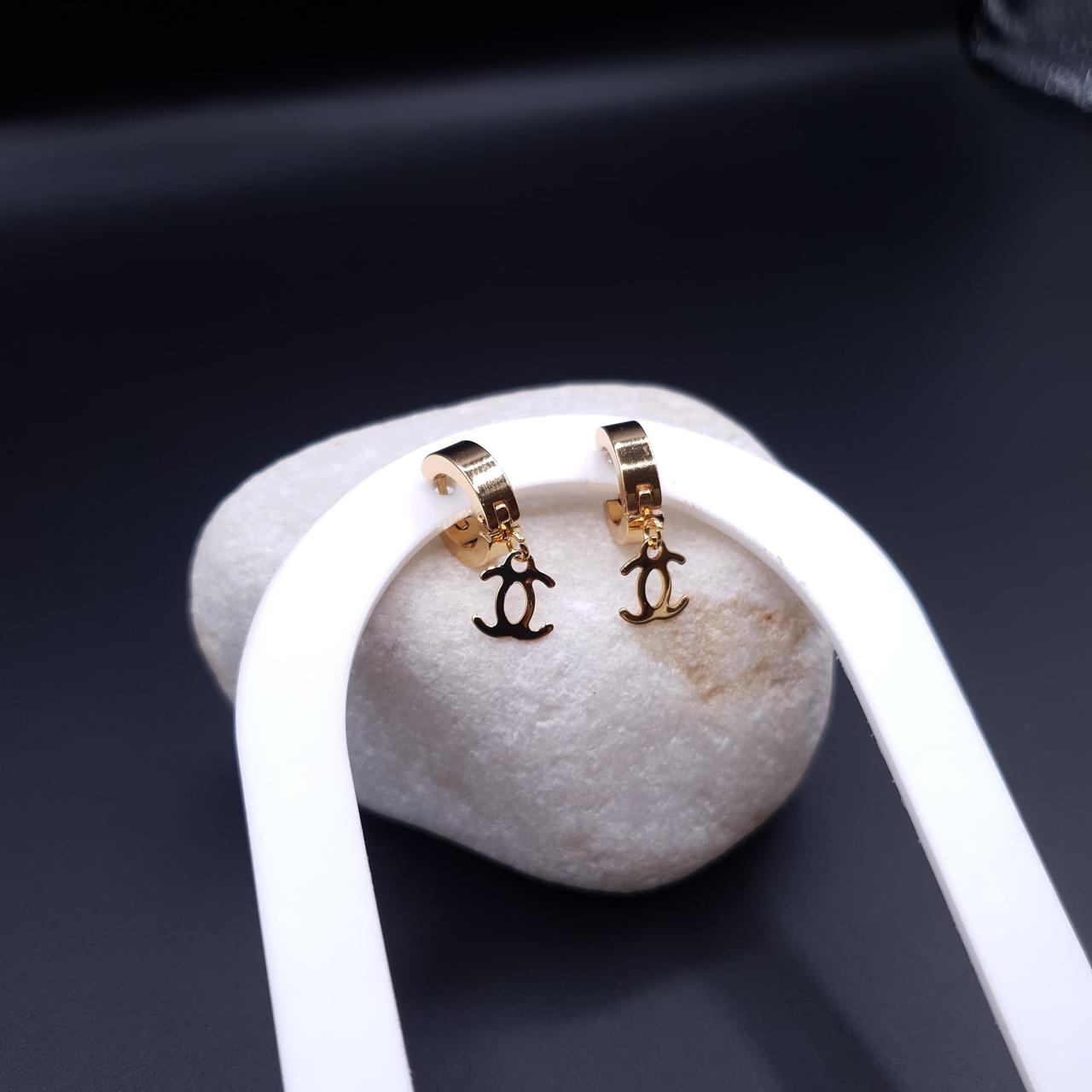 Gold Hoop Earrings with Dangling Double-C Charm image 4