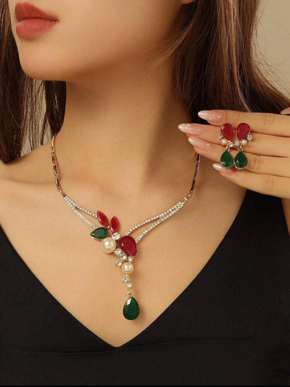 MULTICOLOR CUBIC ZIRCONIA WATER DROP STYLE NEKLACE SET image 1