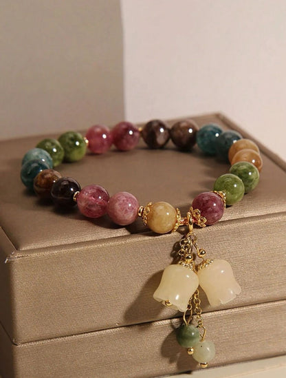 1pc New Style Beaded Colorful Beryl Bracelet For Women, Lily Flower Pendant Hand Chain, Gift For Best Friend (Random Bead Colors) image 1