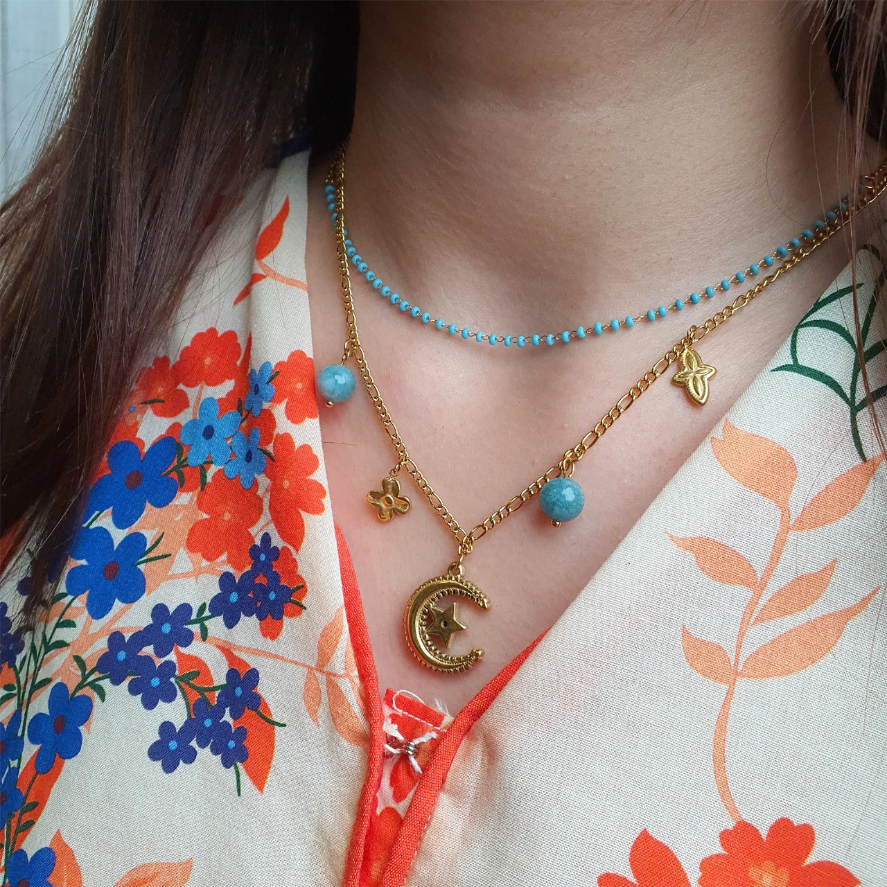 Double Strand Turquoise Necklace with Crescent Moon Pendant image 7