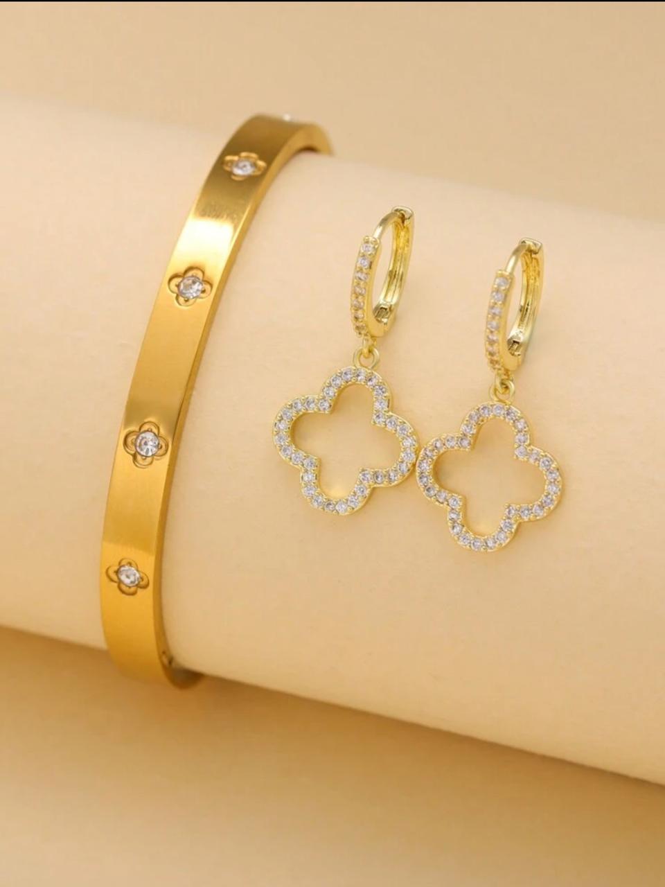 2pcs Vintage Elegant Flower Jewelry Set: Bracelet And Earrings image 1