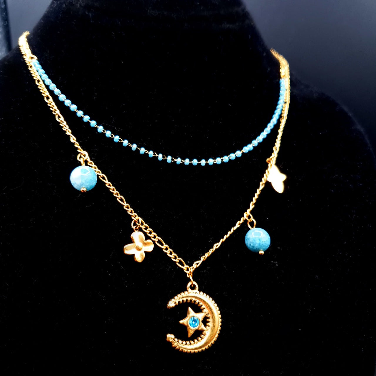 Double Strand Turquoise Necklace with Crescent Moon Pendant image 6