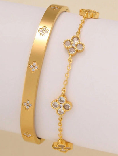 Premium Luxury Elegant 4-Leaf Clover Zirconia Stainless Steel Bracelet & Bangle Set image 1