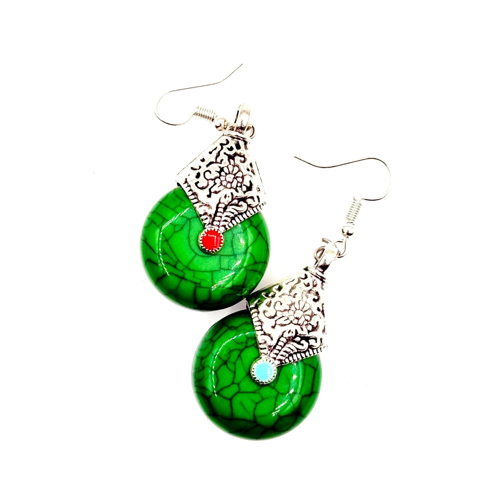 Elegant Teardrop Earrings Featuring Green Marbled Stones set in Silver Ornate -tone metal - Green image