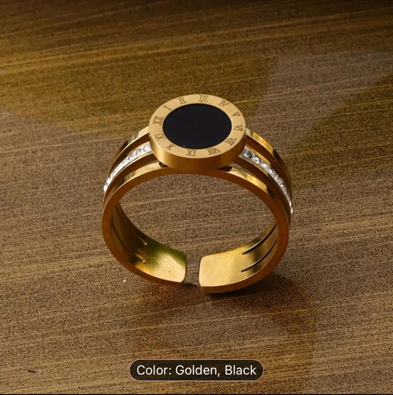 Elegant Stainless Steel Statement Ring with Black Centerpiece and Crystal Embellishments - (Adjustable) image 2