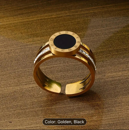 Elegant Stainless Steel Statement Ring with Black Centerpiece and Crystal Embellishments - (Adjustable) image 2