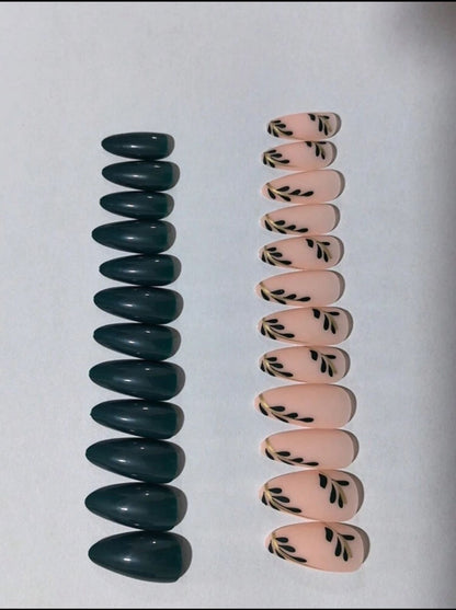 Glam Up with 24pcs Long Almond Press-On Nails in Solid Green with Leaf Pattern Design image 0