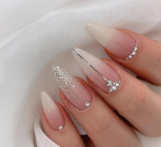 Mixed Color Almond Shaped Long Nail Set with Glitter Gradient and Glossy Finish image 1