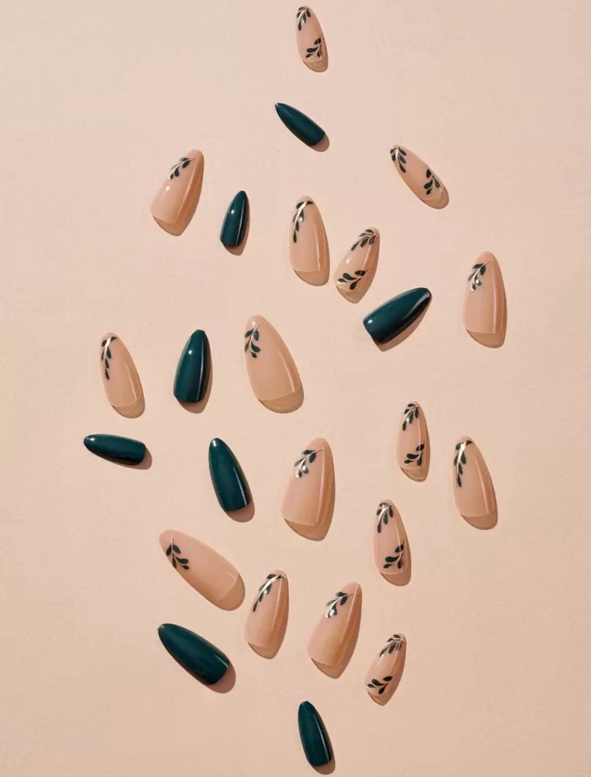 Glam Up with 24pcs Long Almond Press-On Nails in Solid Green with Leaf Pattern Design image 1